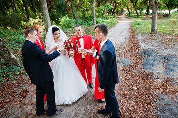 Wedding couple and groomsmen with bridesmaids drinking champagne in the forest.