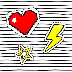 Heart, thunderbolt, star. Retro sticker patch set.