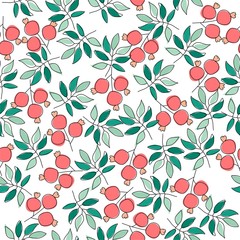Seamless vector pattern with green branches and pink fruits. Summer beautiful background. - 167196070