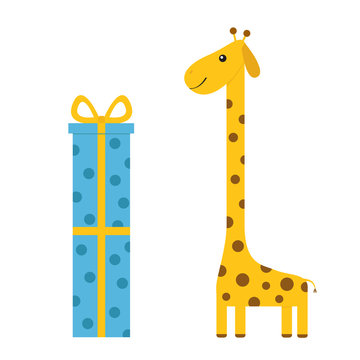 Giraffe with spot. Long neck. Cute cartoon character. Giftbox and bow. Happy Birthday greeting card. Baby collection. White background. Isolated. Flat design
