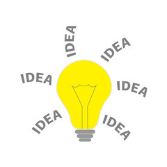 Light bulb lamp icon with idea text shining effect. Cute simple object. Yellow color switch on. Business success concept. Flat design. White background. Isolated.