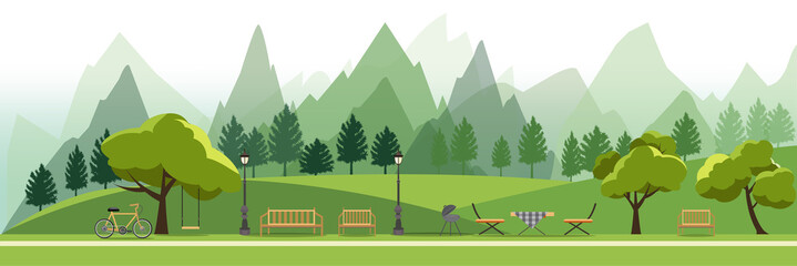 natuur landschap met tuin, openbaar park, camping BBQ Grill buiten, picknick, vectorillustratie