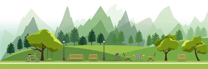 Fototapeten nature landscape with garden,public park,camping BBQ Grill outdoor, picnic,vector illustration © artdee2554