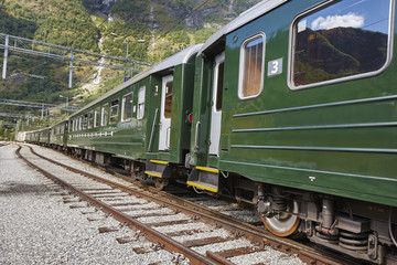 Fototapeta premium Flam train wagon in Norway. Norwegian tourism highlight. Railway