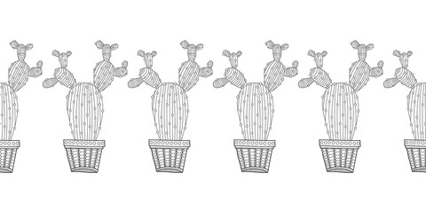 Cacti, succulents. Black and white illustration for coloring books, pages.