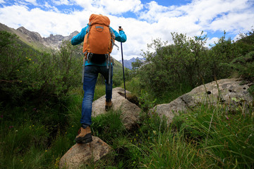 woman hiker with backpack hiking in the nature