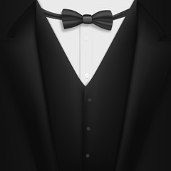 Illustration of Vector Realistic Black Suit. Photorealistic 3D Mens Elegant Tuxedo Suit with Bow Tie