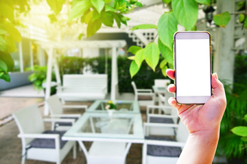White chair and table in the green garden with white swing