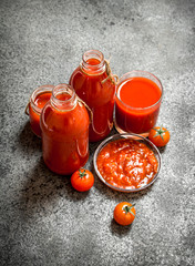 Fresh tomatoes, tomato juice and sauce.