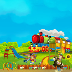 cartoon scene with children having fun and playing - traditional steam train in the background