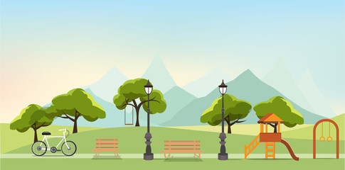nature landscape with garden,public park, amusement park, vector illustration