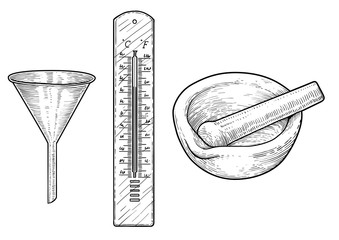 Funnel, thermometer and mortar illustration, drawing, engraving, ink, line art, vector