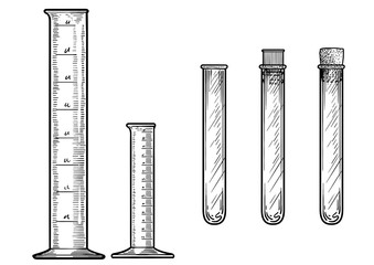 Measuring cylinder and tube illustration, drawing, engraving, ink, line art, vector