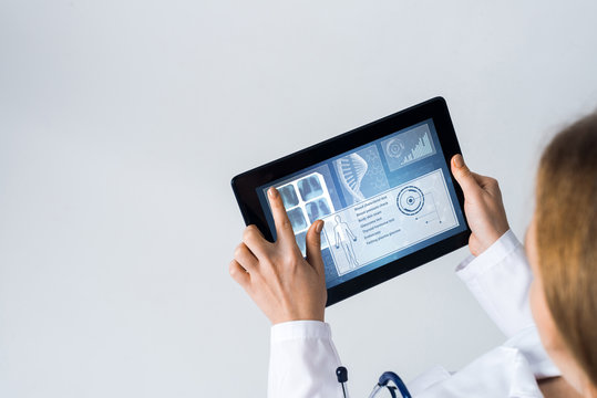 Close Of Female Doctor Hands Working With Tablet Pc Computer