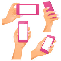 Obraz na płótnie Canvas Female hands in realistic style with phones in them / There is illustration of naked female hands in different positions with phones in them. Gradient illustration in realistic style 