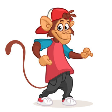 Cool monkey dancing in modern clothes. Vector flat cartoon illustration. Chimpanzee mascot