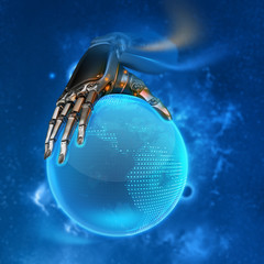 Robotic electric android hand holding blue shining earth globe as design concept