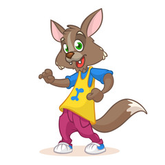 Dancing Wolf mascot: funny dancing wolf, disco style, cartoon character. Vector illustration