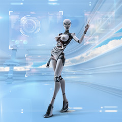 Obraz na płótnie Canvas Modern designed space. Futuristic female android managing virtual interface in digital space