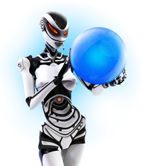 Fembot robot holding globe in mechanical arms