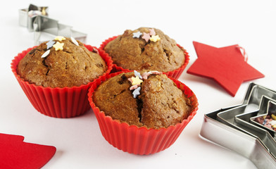 Christmas muffins close up on white