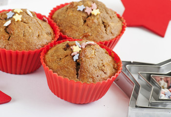 Christmas muffins close up on white