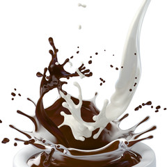brown chocolate and white cream milk splashes on white background square image