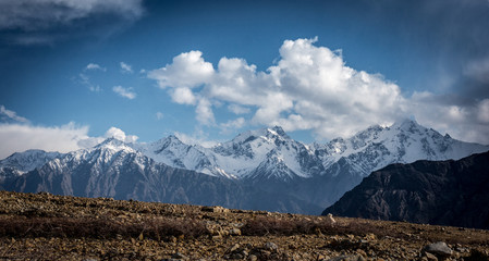 Snow and rock mountain ranges in Ladakh, Jammu and Kashmir, India.