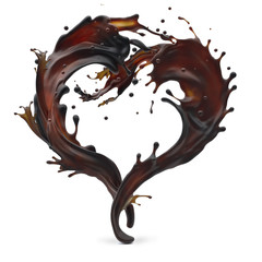 Design element. Brown coffee and white cream milk splashes moving to each other in shape of heart as symbol of love