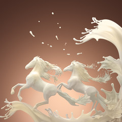 Obraz na płótnie Canvas milky horses running over white splashes through drops on brownish background