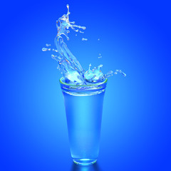blue light and splashed water in cold glass on blue background