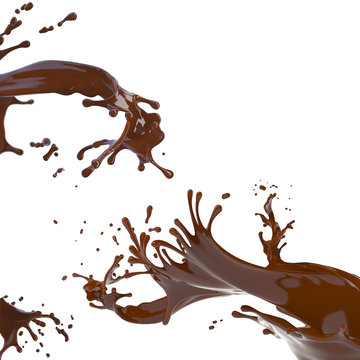 splash of brown hot chocolate on white background