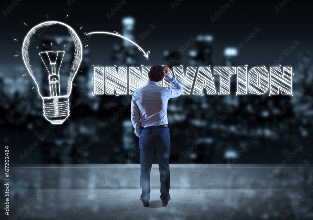 Poster businessman watching innovation sketch on a rooftop 3d rendering
