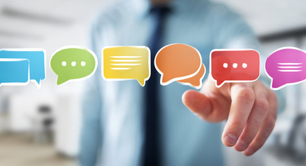 Businessman touching discussion icons sketch