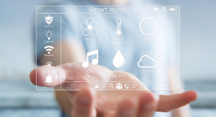 Businessman using smart home digital interface 3D rendering