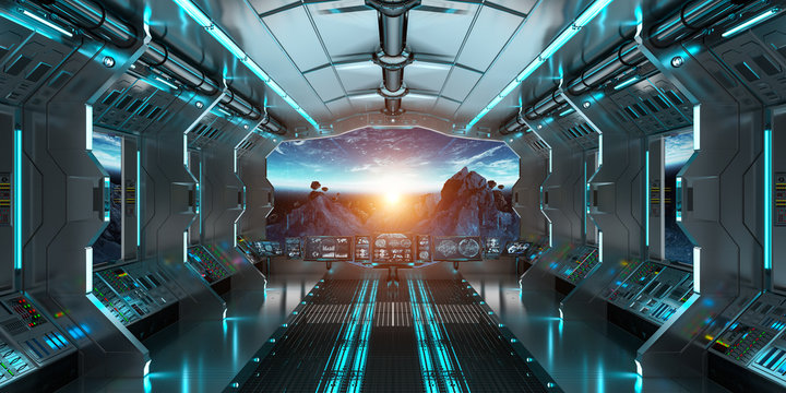 Spaceship interior with view on the planet Earth 3D rendering elements of this image furnished by NASA