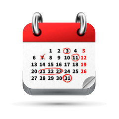 Bright realistic icon of month calendar with red marks on dates isolated on white