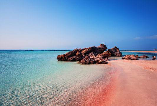 Beauty of Nature. Beautiful Elafonissi Beach with Pink Sand on Crete, Greece