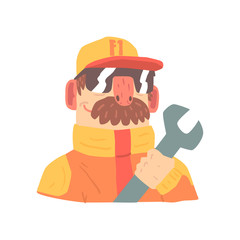 Pit stop technician worker in an orange uniform with wrench, member of racing team vector Illustration