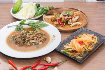 Papaya Salad, Spicy fried Chicken Salad, Spicy minced pork salad,Northeastern Thailand(Isan) Food