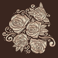 Roses embroidery on brown background.