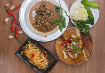 Papaya Salad, Spicy fried Chicken Salad, Spicy minced pork salad,Northeastern Thailand(Isan) Food