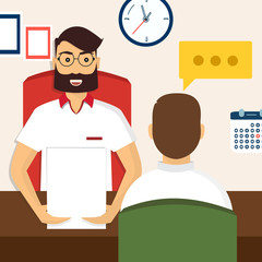 HR recruitment. Interview with the candidate positions. Job interview concept. Vector illustration, flat cartoon style. Business human resources
