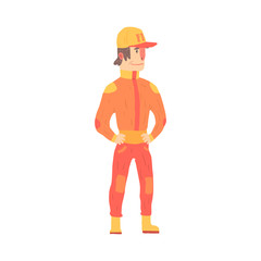 Car racing driver man in an orange uniform, member of racing team vector Illustration