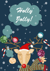 Vector. Cartoon hand drawn deer. Character vector. Merry Christmas and Happy New year.