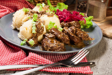 Pork tenderloin in mushroom sauce with boiled potatoes and salad..Pork tenderloin in mushroom sauce with boiled potatoes and salad..Pork tenderloin in mushroom sauce..