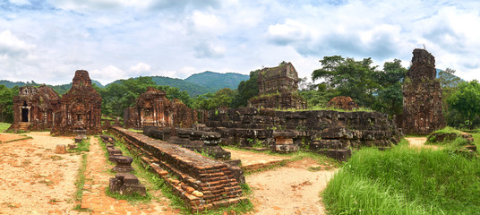 Big panorama from the old religious buildings from the Champa empire - cham culture. In my son, near Hoi an, Vietnam. World heritage site.