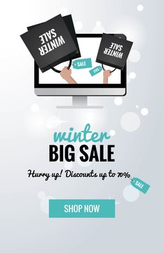 Big winter sale sparkling banner.Winter sale background with shopping bags in computer display. Vector winter illustration