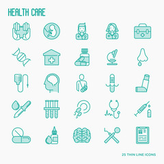 Health care thin line icons set related to hospital, clinic, laboratory. Vector illustration.