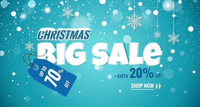 Big christmas sale sparkling background. Winter sale banner with snowflakes and christmas decorations on blue sparkling background.  Vector illustration.